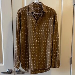 EUC Martin Gordon Brown Polka Dot Men's Silk and Cotton Blend Shirt Size Medium